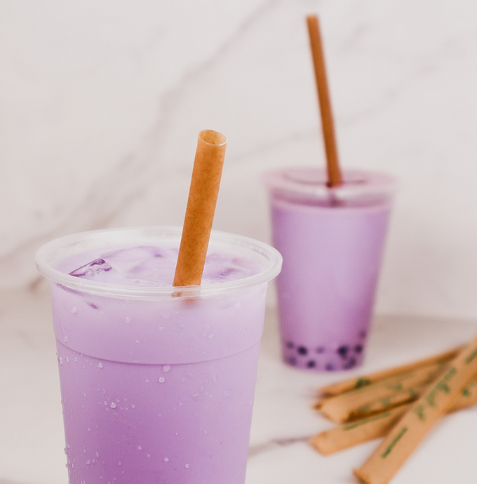Boba straw in a Chai drink with tapioca gummies